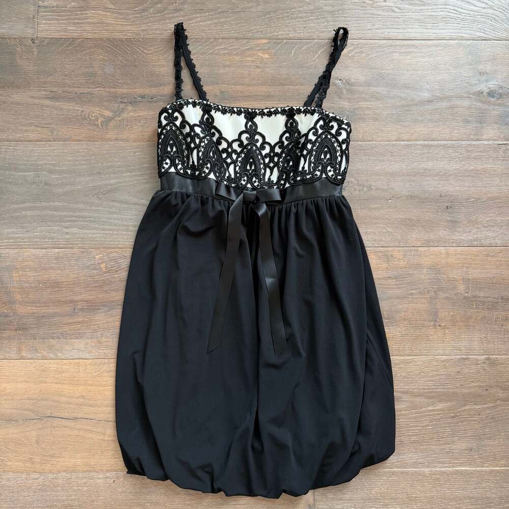 Vintage Jessica McClintock Black Lace Bodice Chiffon Mini Dress Size 4